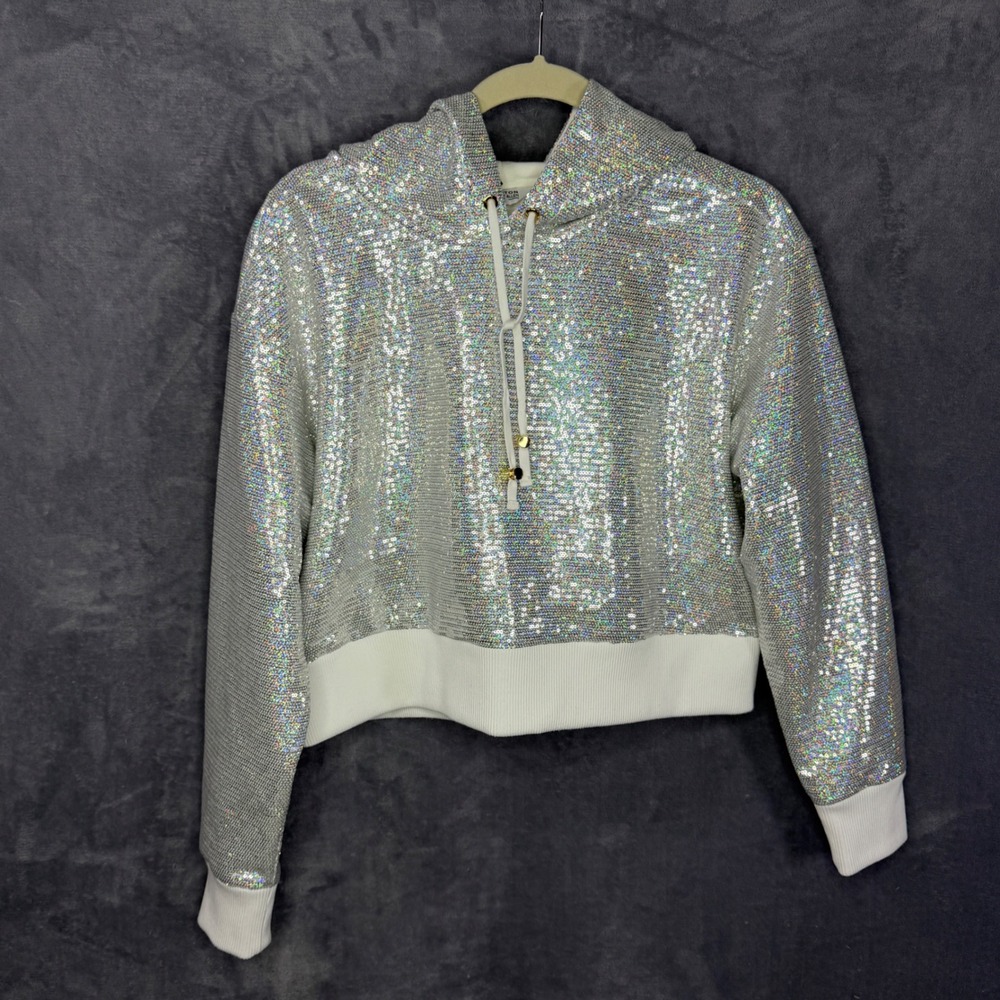 Peloton Brittany Allen Sequin Cropped Hoodie Womens Size S Silver White BA16 NWT